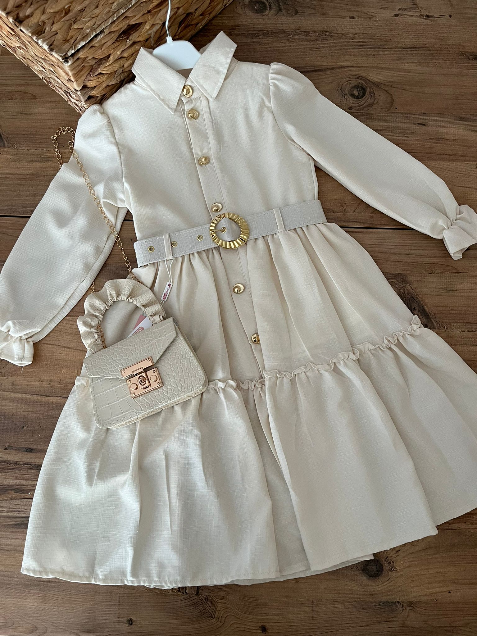 krem renk kemerli elbise