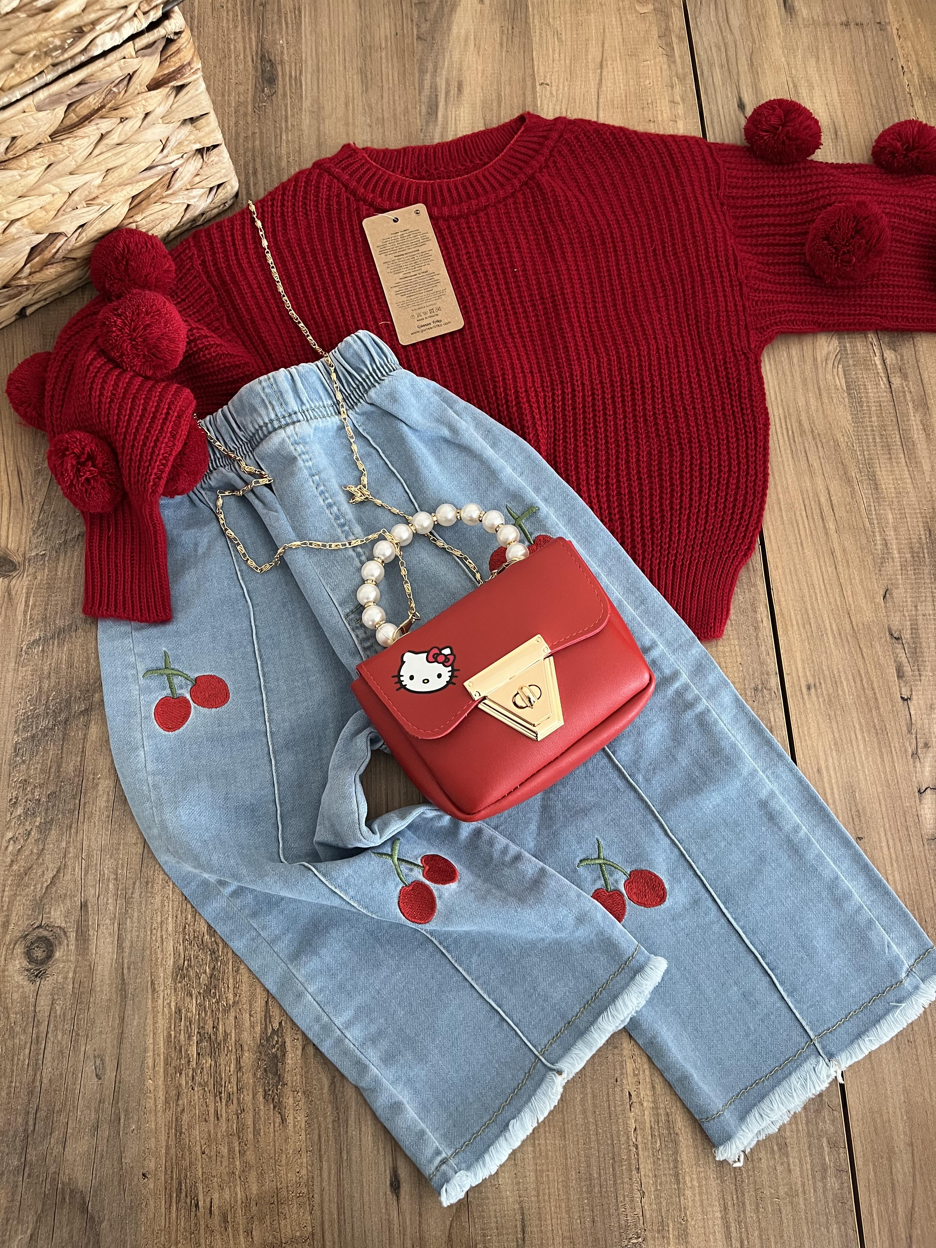 Ponpon kazak ve kirazlı pantolon 2li takım